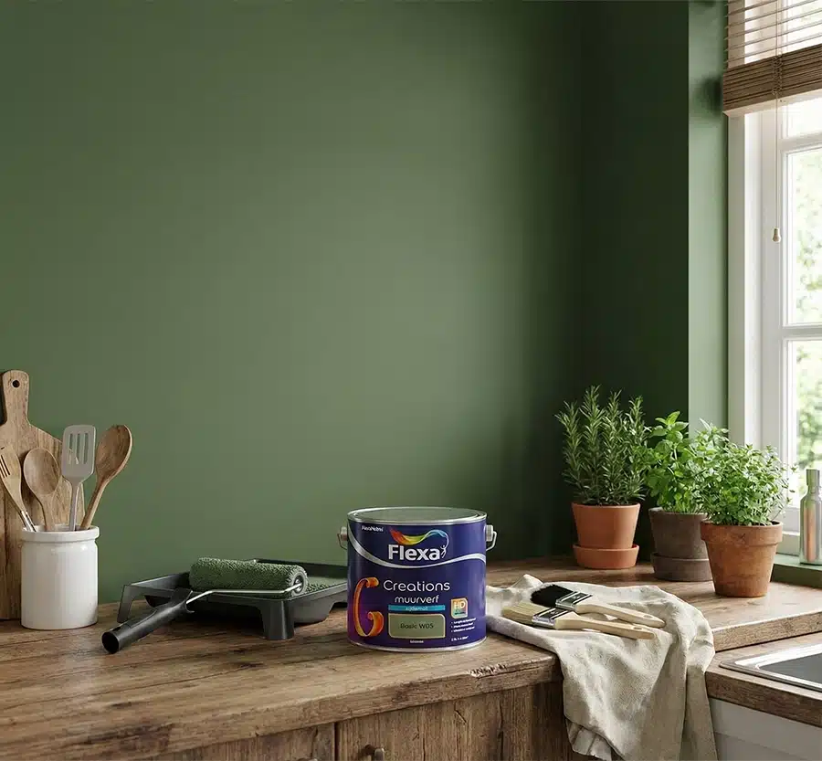 Flexa Creations Muurverf Zijdemat op een muur in de keuken