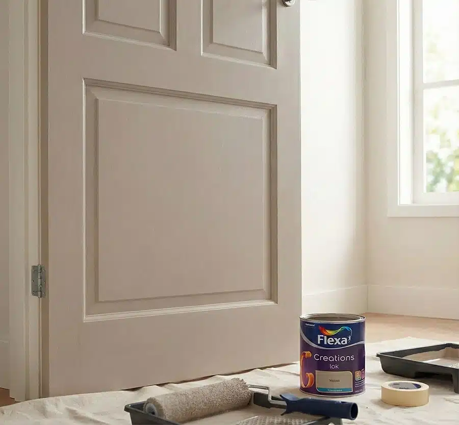 Flexa Creations lak Zijdeglans op een deur in een taupe kleur