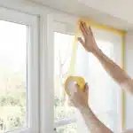 Gewoon schilderstape met folie voorbeeld op een kozijn