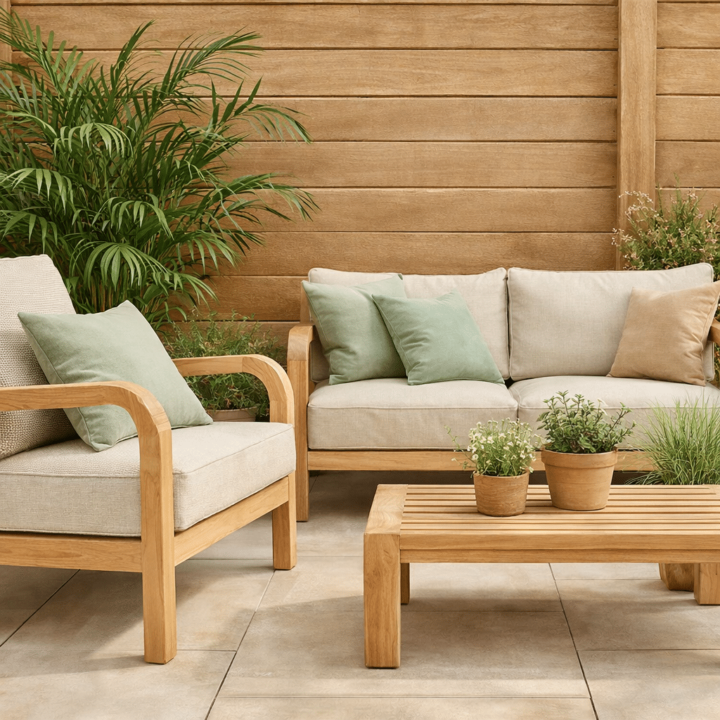 Natuurlijke patio met houten meubels