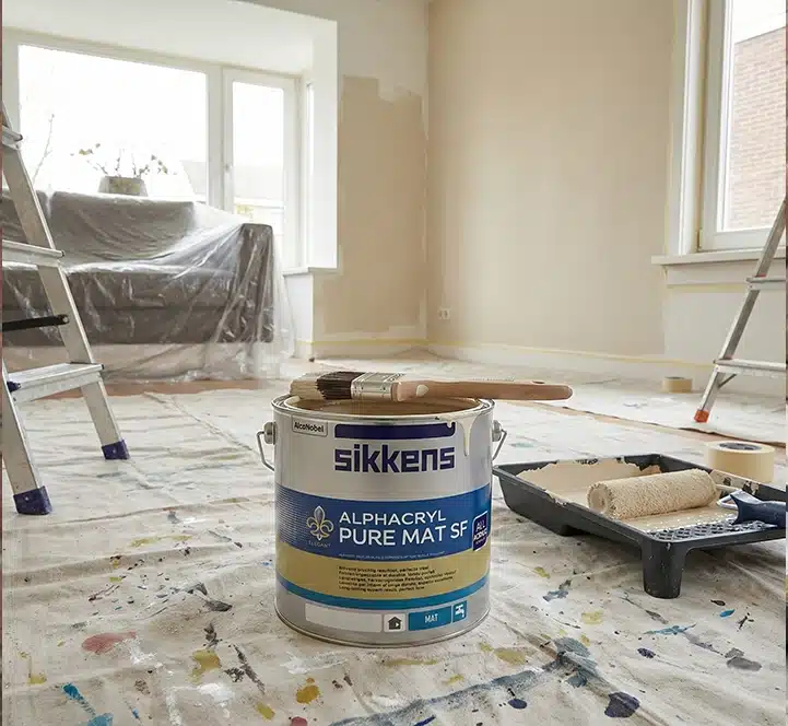 Sikkens alphcaryl pure mat SF in een woonkamer die geschilderd wordt