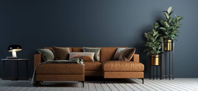 3D rendering image of Modern living room interior design and blue wall texture background