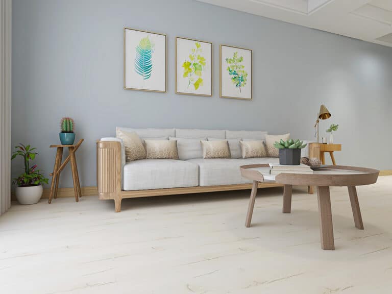 3D rendering, the spacious living room design of modern residence, with sofa, tea table, decorative painting and TV, etc.