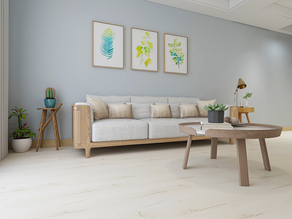 3D rendering, the spacious living room design of modern residence, with sofa, tea table, decorative painting and TV, etc.