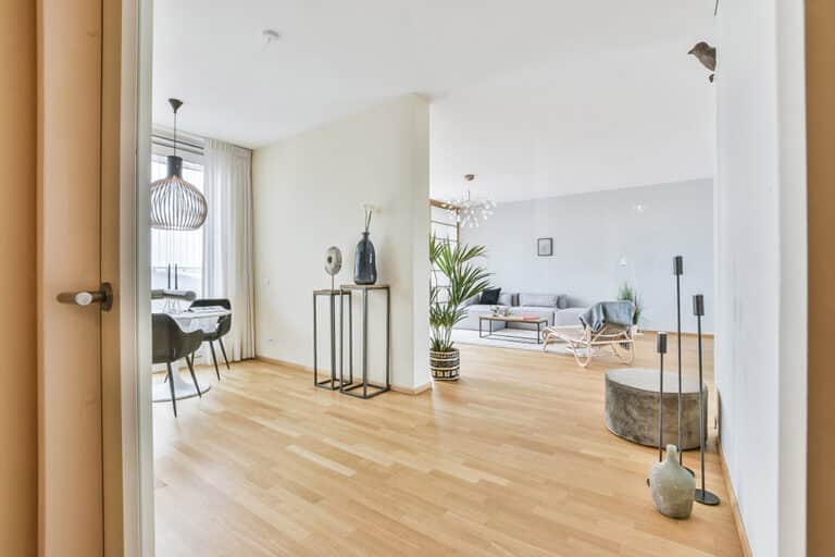 Minimalist style interior of spacious contemporary apartment with dining and lounge areas behind doorway
