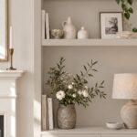 Openhaard naast boekenkast in Farrow and Ball Elephant’s Breath No. 229