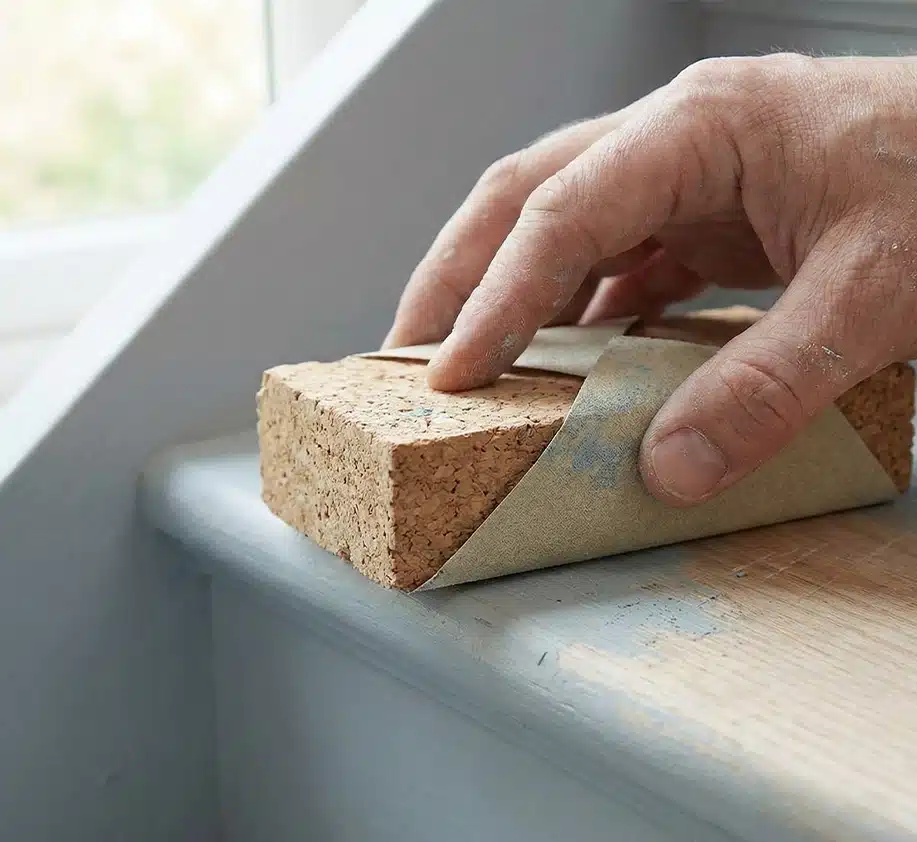 schuurpapier waarmee een trap wordt geschuurd