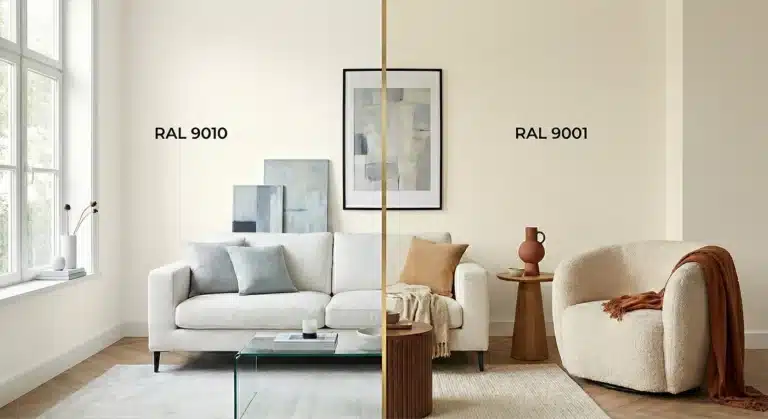 RAL 9010 vs RAL 9001 voorbeeld naast elkaar in een huiskamer