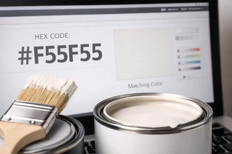 Hex code op scherm met verf erbij die matcht