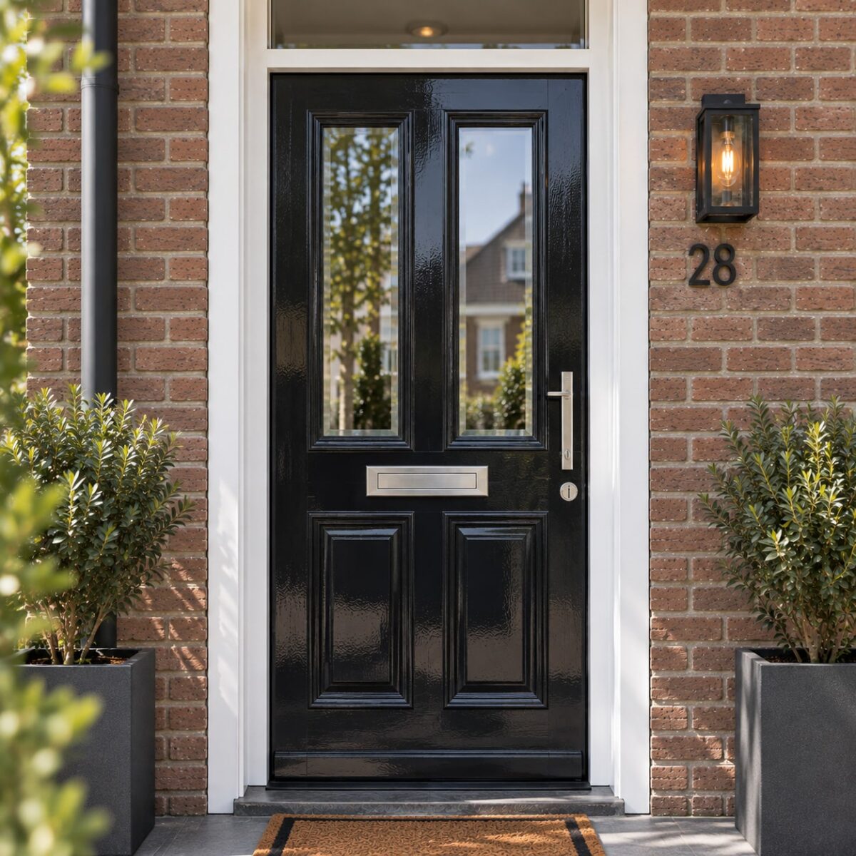 Hoogglans zwarte voordeur Nederlandse woning