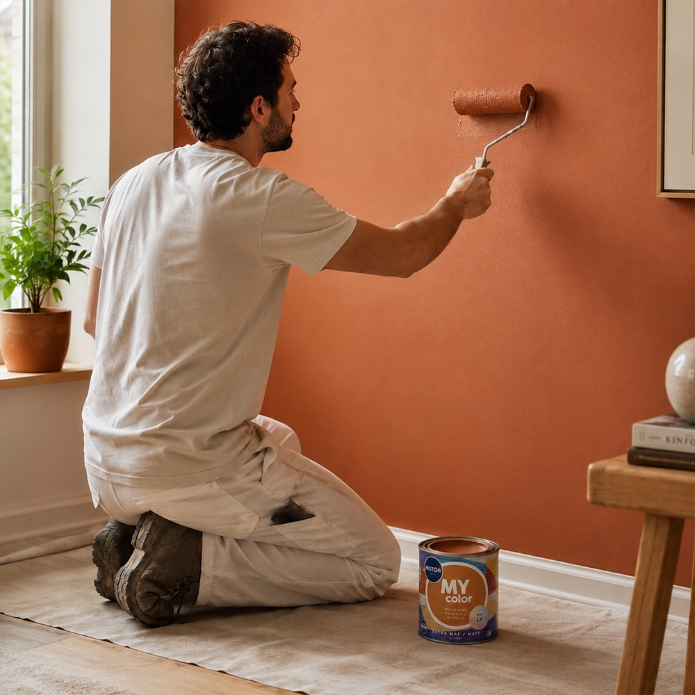 Schilder schildert muur aardetint met Histor