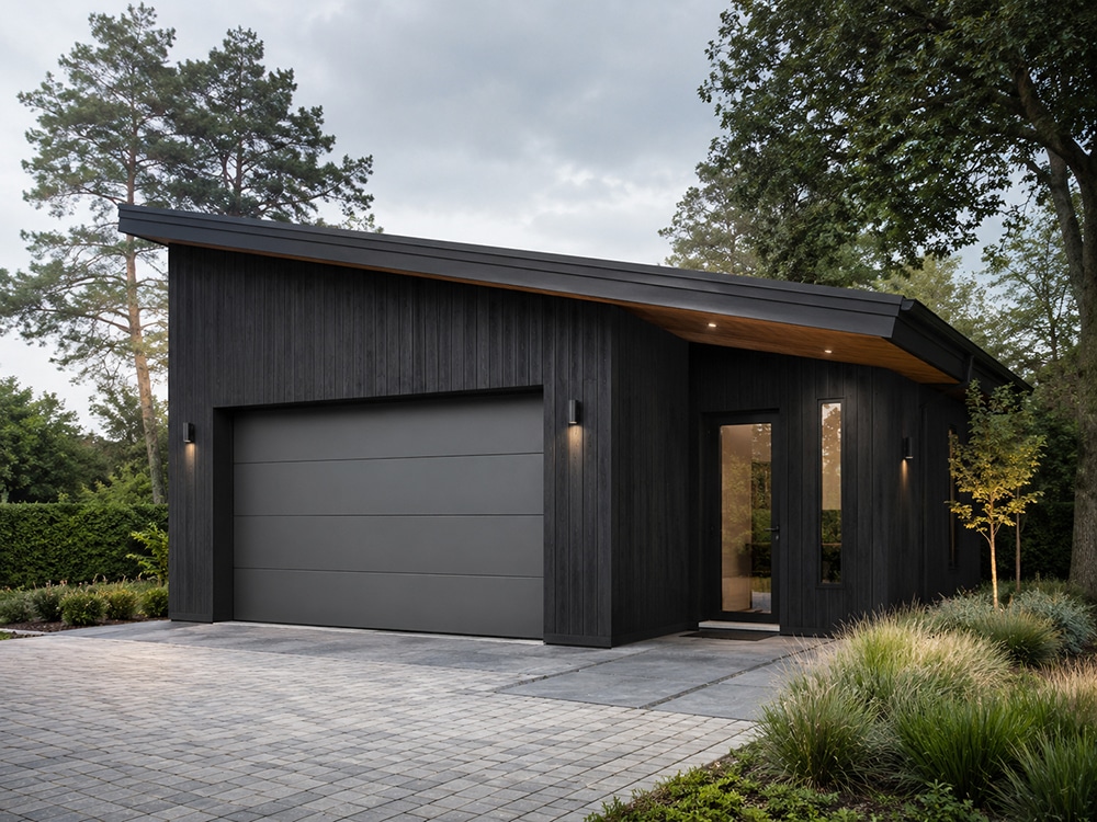 Sigma Woodprotect Solid Matt voorbeeld op houten garage