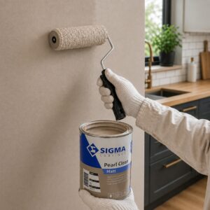 achilder schildert keukenmuur met Sigma Pearl Clean Matt