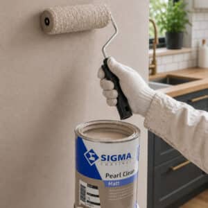 Schilder schildert keukenmuur met Sigma Pearl Clean Matt