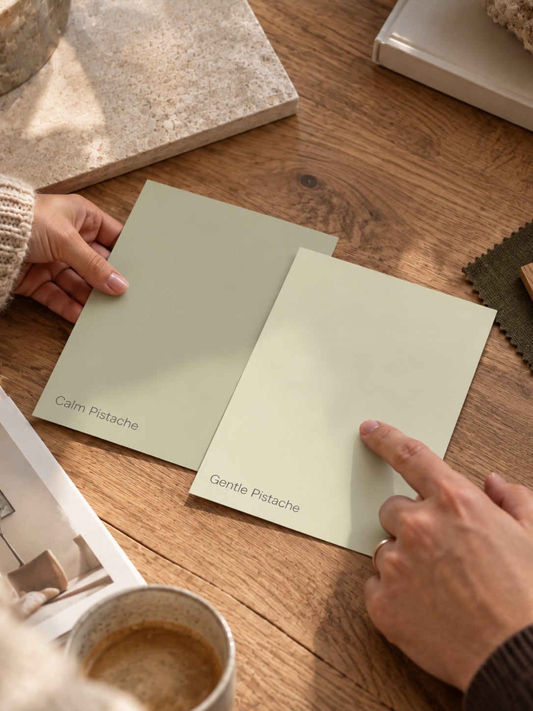 Flexa Pure Kleurstaal Collectie testen Calm pistache en Gentle Pistache