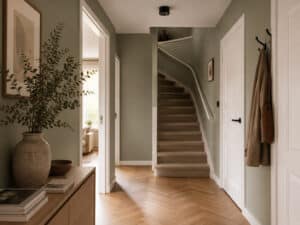 Moderne hal en trap in kleur Soulful Sage