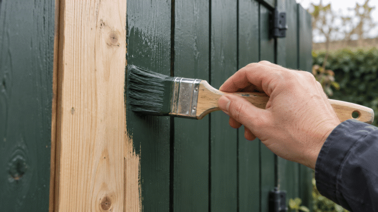 Houten tuinpoort verven in donkergroen